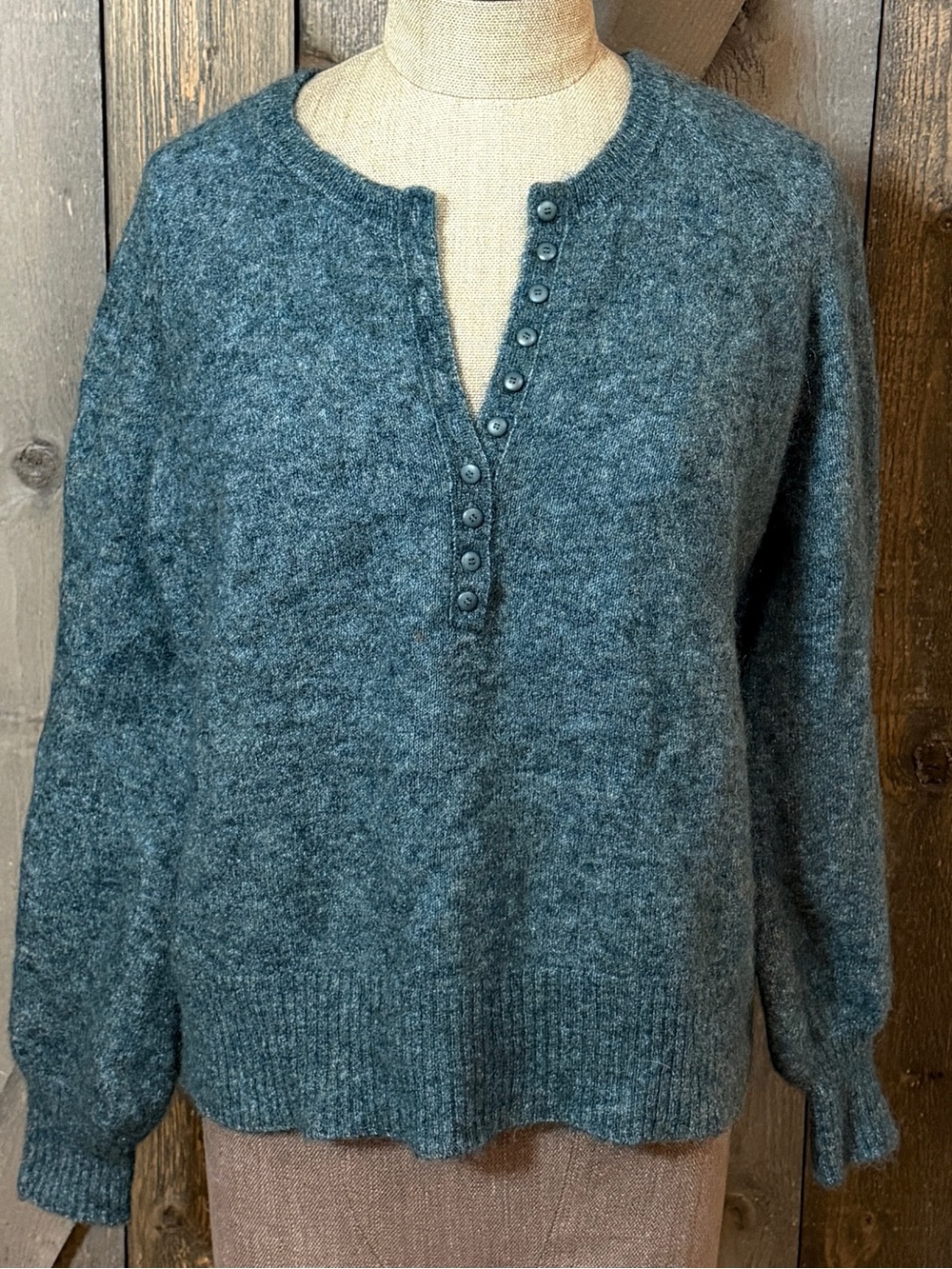 Sézane Léon Jumper Teal Green Mohair Merino Wool Henley Sweater Balloon Sleeve